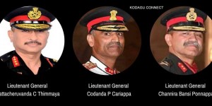 File photos of Lt Gen CP Cariappa, Lt Gen CB Ponnappa (R) and Lt Gen PC Thimmaya (L). (Photo | KodaguConnect Twitter handle)